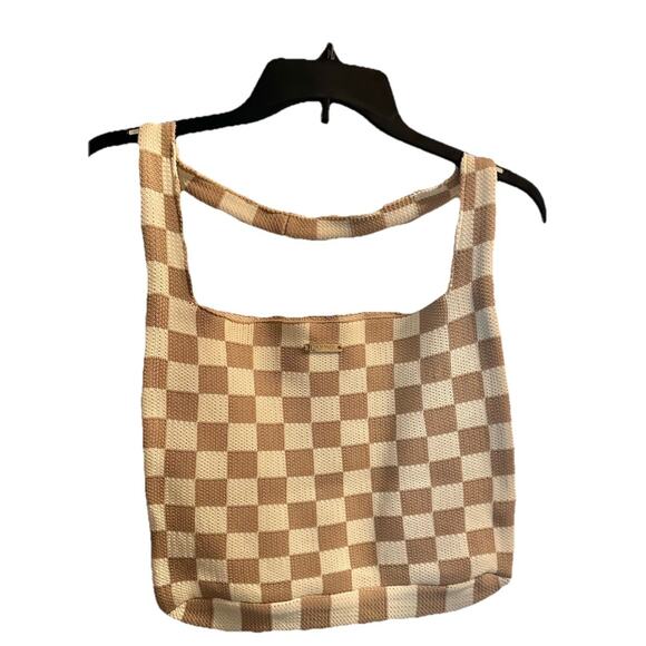 Kopari Limited Edition Checkered Tan and White Soft Shoulder Tote Bag - Picture 1 of 6